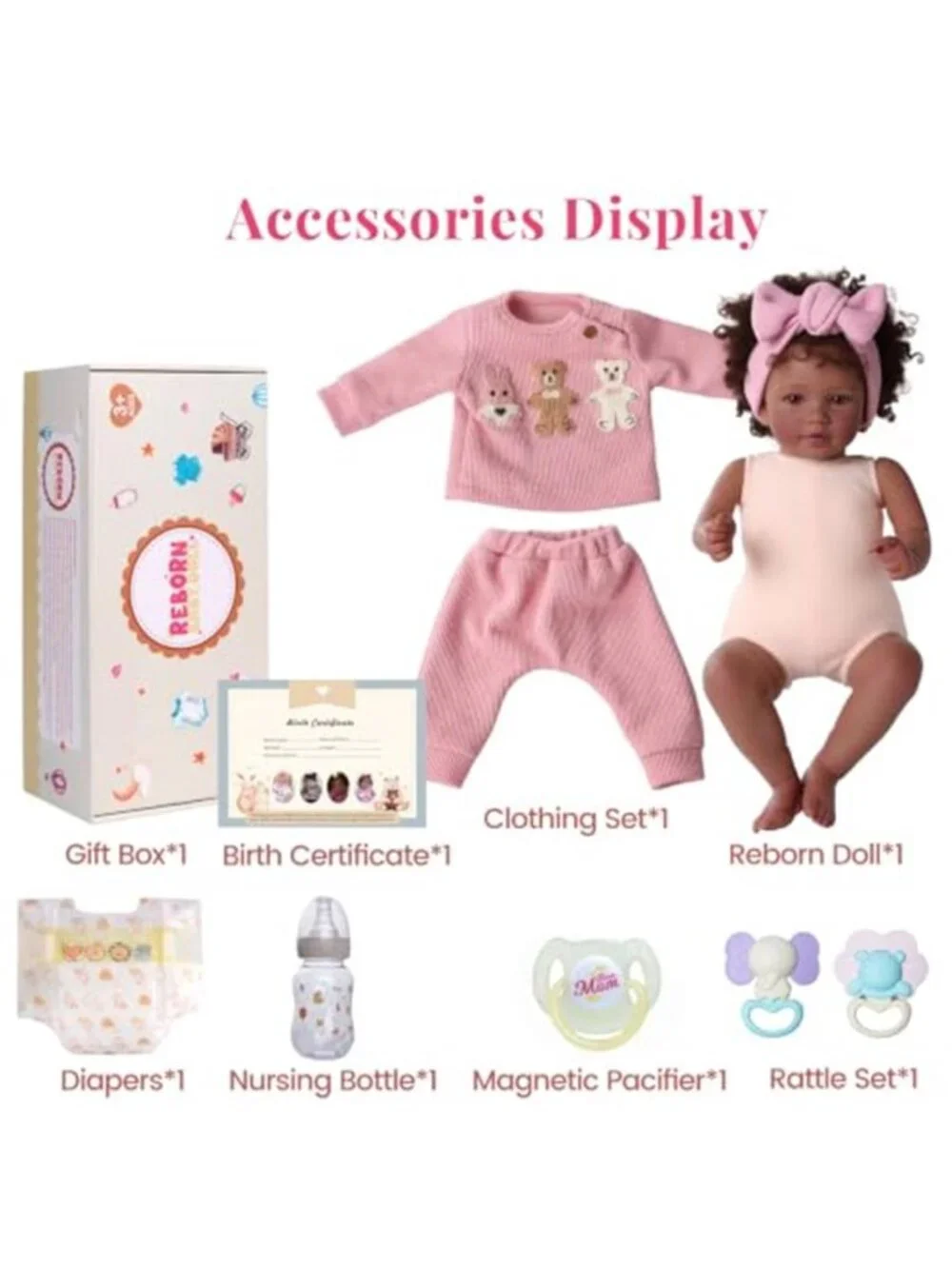 20 Inch Black Reborn Baby Girl Doll Hand Rooted Hair Rattles Complete Gift Set